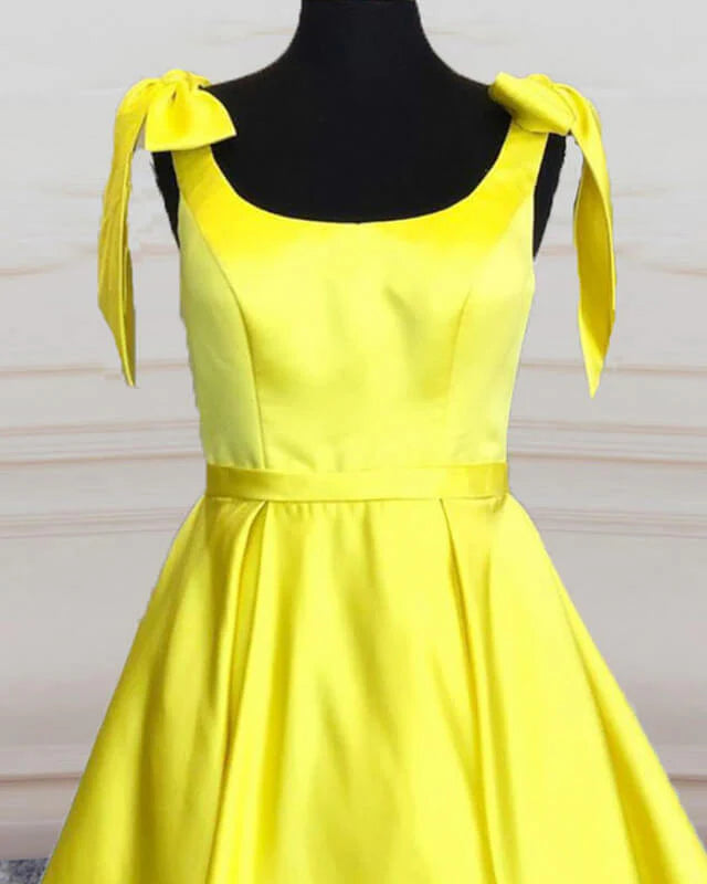 Yellow Satin Bow Shoulder Homecoming Dresses