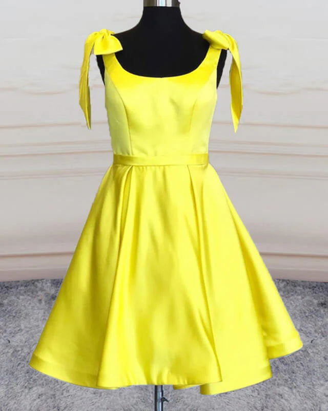 Yellow Satin Bow Shoulder Homecoming Dresses