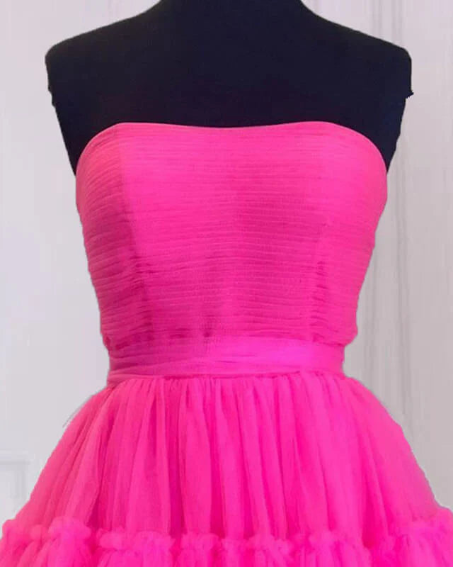Hot Pink Tulle Strapless Homecoming Dresses