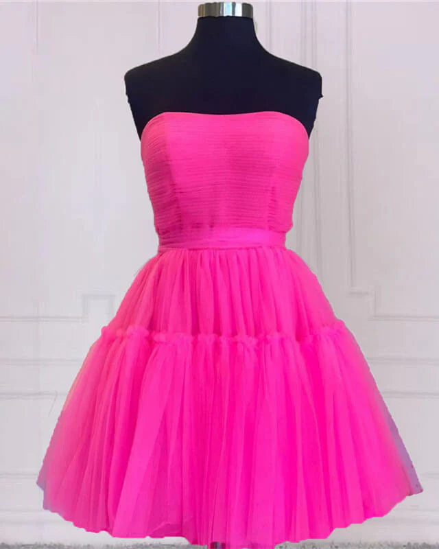 Hot Pink Tulle Strapless Homecoming Dresses