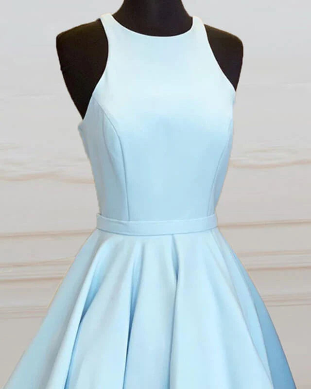 Blue Satin Scoop Neckline Homecoming Dresses