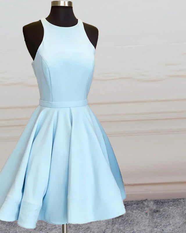 Blue Satin Scoop Neckline Homecoming Dresses