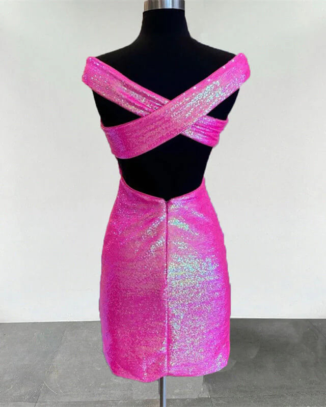 Short Neon Pink Sequin Homecoming Dresses