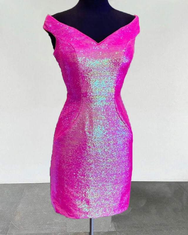 Short Neon Pink Sequin Homecoming Dresses