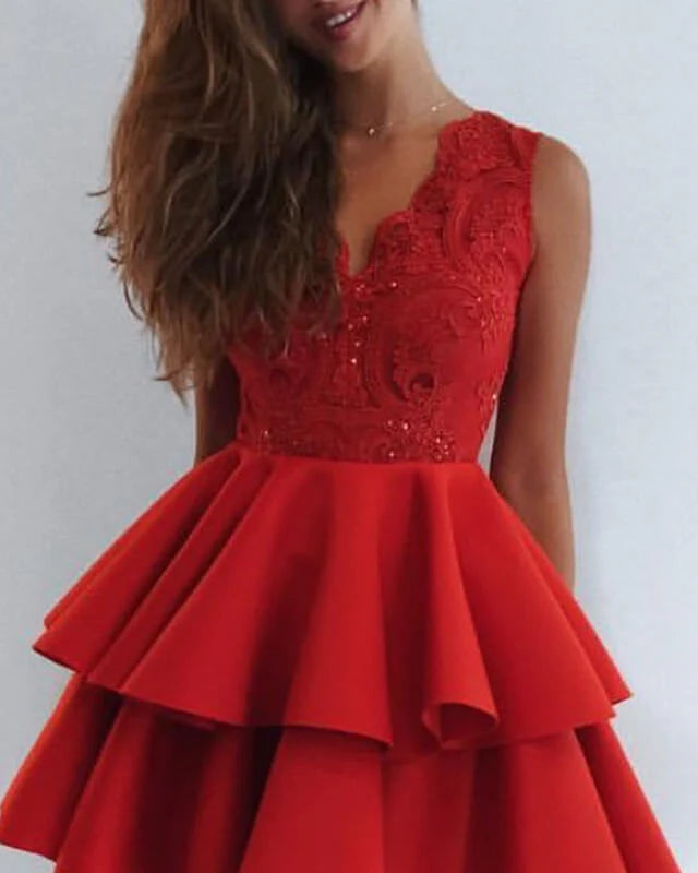 Short Red Lace V Neck Ruffles Satin Homecoming Dress