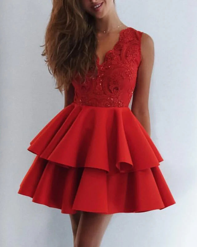Short Red Lace V Neck Ruffles Satin Homecoming Dress