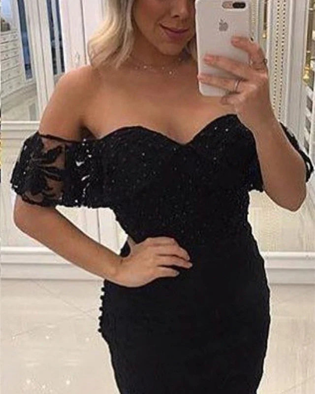 Tailored black lace off shoulder back to school dress