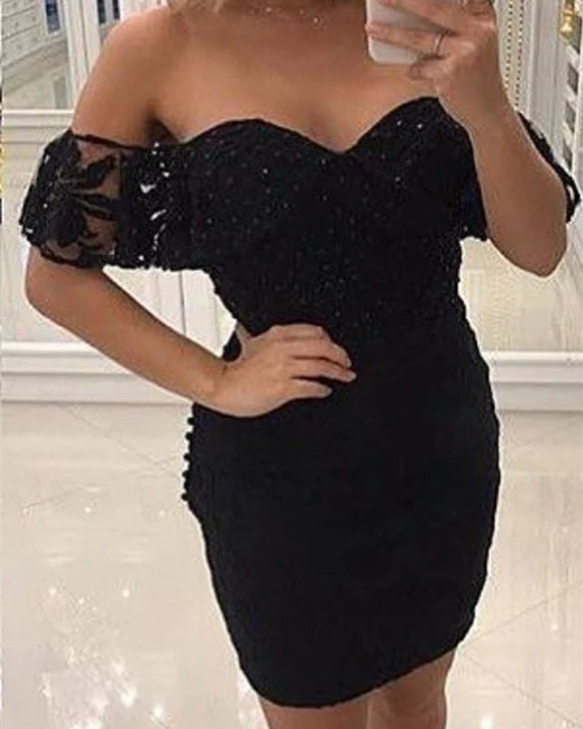 Tailored black lace off shoulder back to school dress