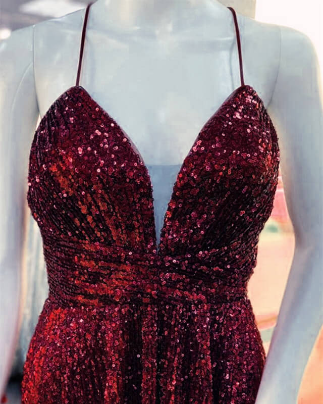 Maroon Sequin V-neck Homecoming Dress