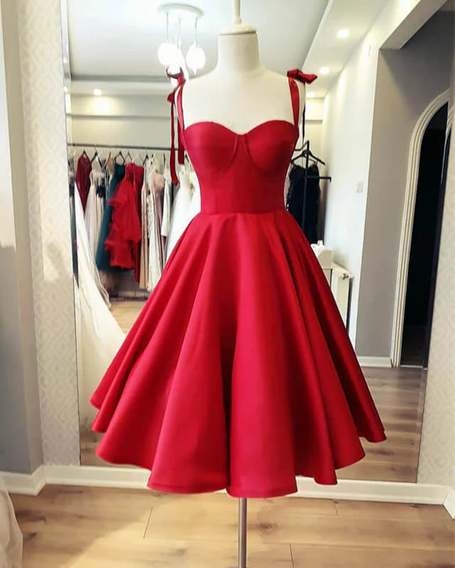 Red Satin Knee Length Homecoming Dress