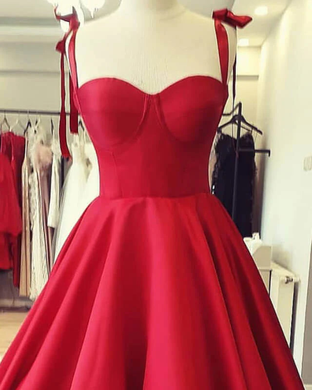 Red Satin Knee Length Homecoming Dress