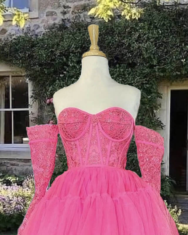 Short Hot Pink Tulle Homecoming Dress With Lace Sleeves