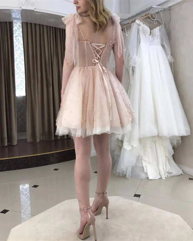 Nude Tulle Corset Ruffles Homecoming Dress