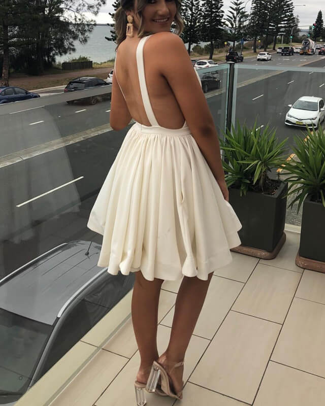 Short White Plunging Neck Homecoming Dress