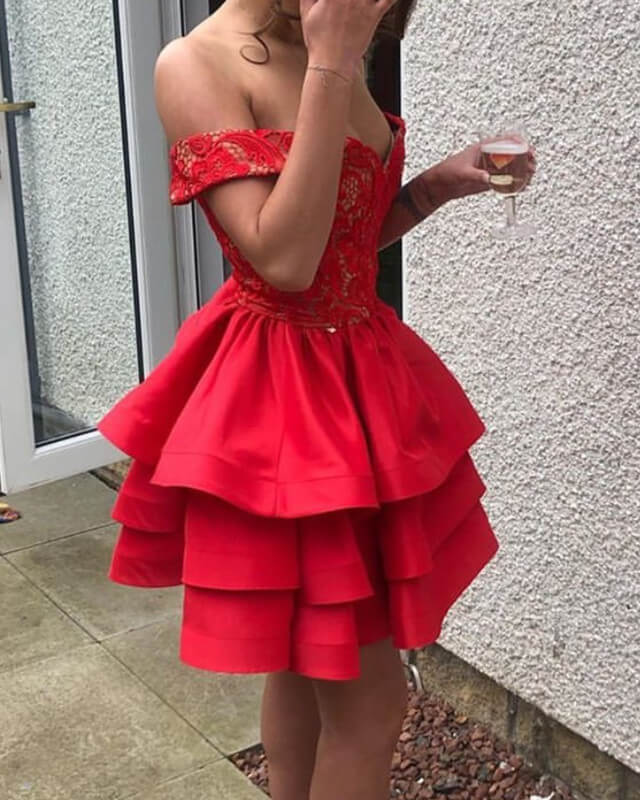 Short Red Ruffles Satin Lace The Homecoming Dress