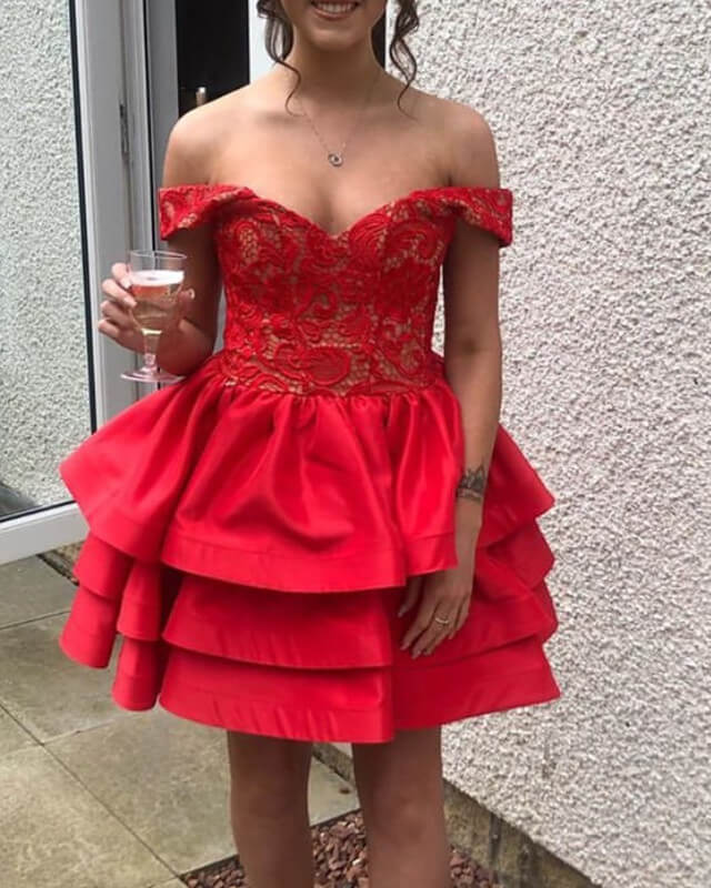 Short Red Ruffles Satin Lace The Homecoming Dress