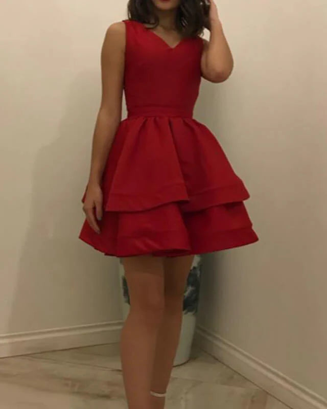 Short Red Satin V-neck Homecoming Dress