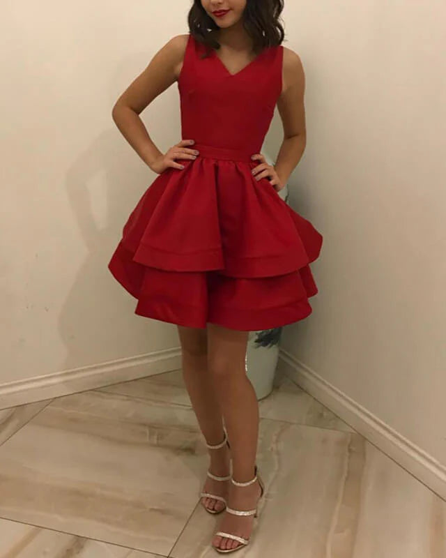 Short Red Satin V-neck Homecoming Dress