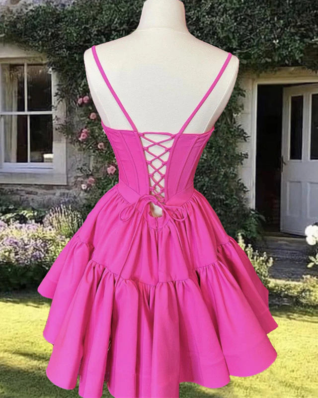 Hot Pink Satin Corset Ruffles Homecoming Dress