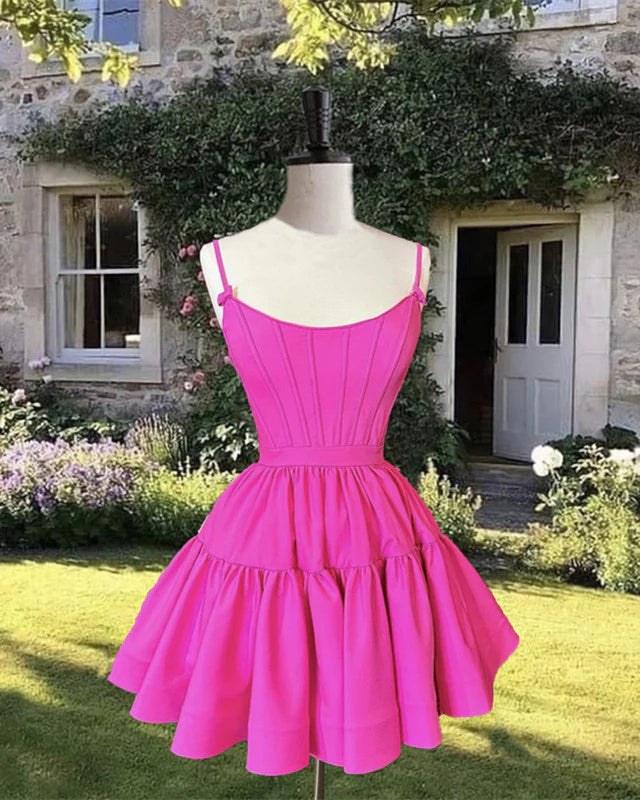 Hot Pink Satin Corset Ruffles Homecoming Dress