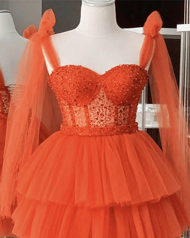 Orange Tulle Beaded Homecoming Dress