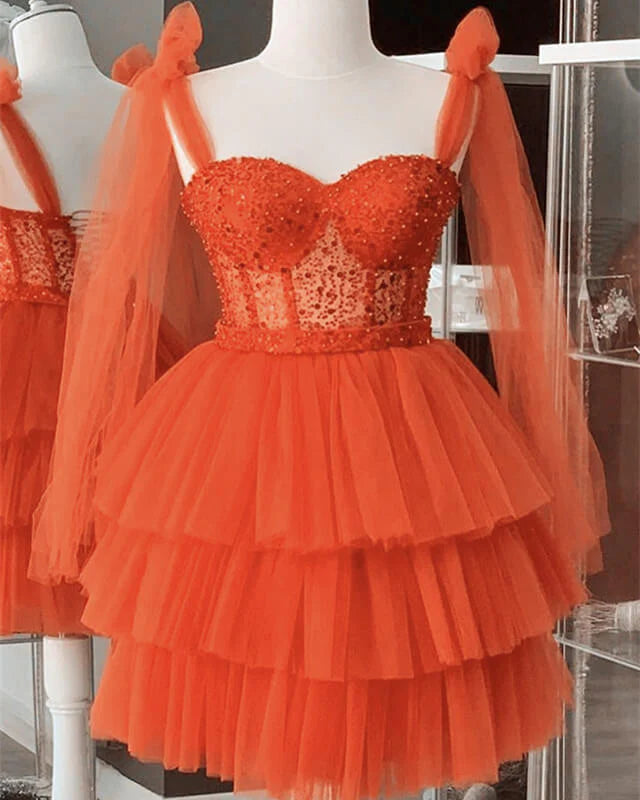 Orange Tulle Beaded Homecoming Dress