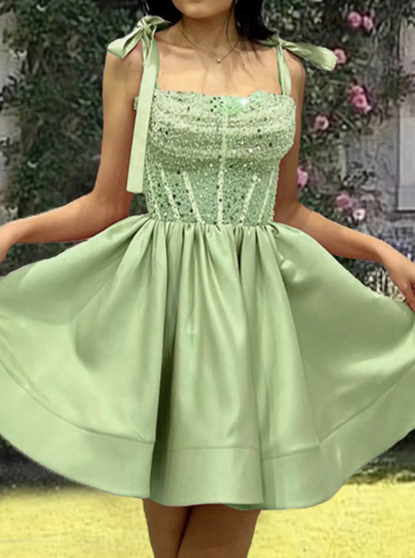 Sage Satin Sequin Beaded Homecoming Dress