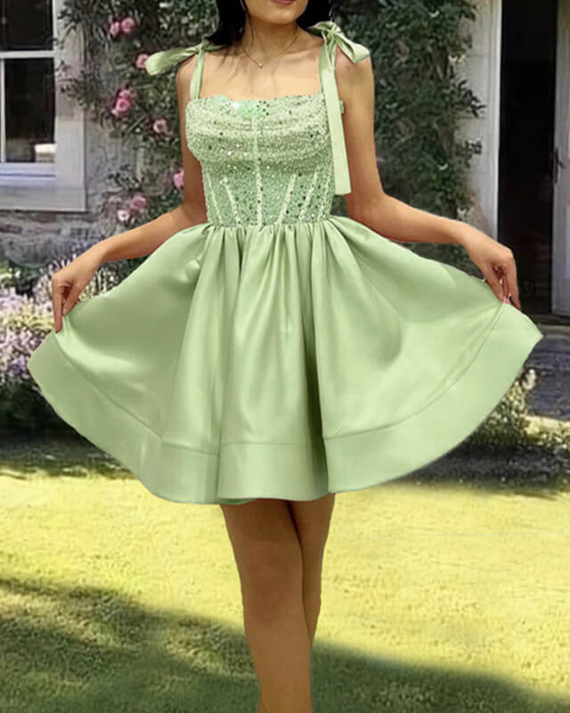 Sage Satin Sequin Beaded Homecoming Dress