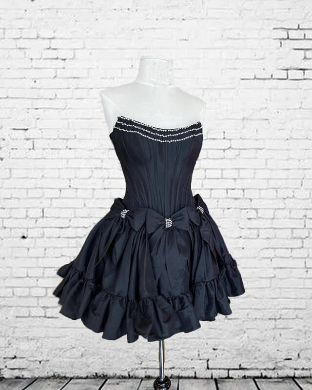 Black Satin Strapless Homecoming Dress