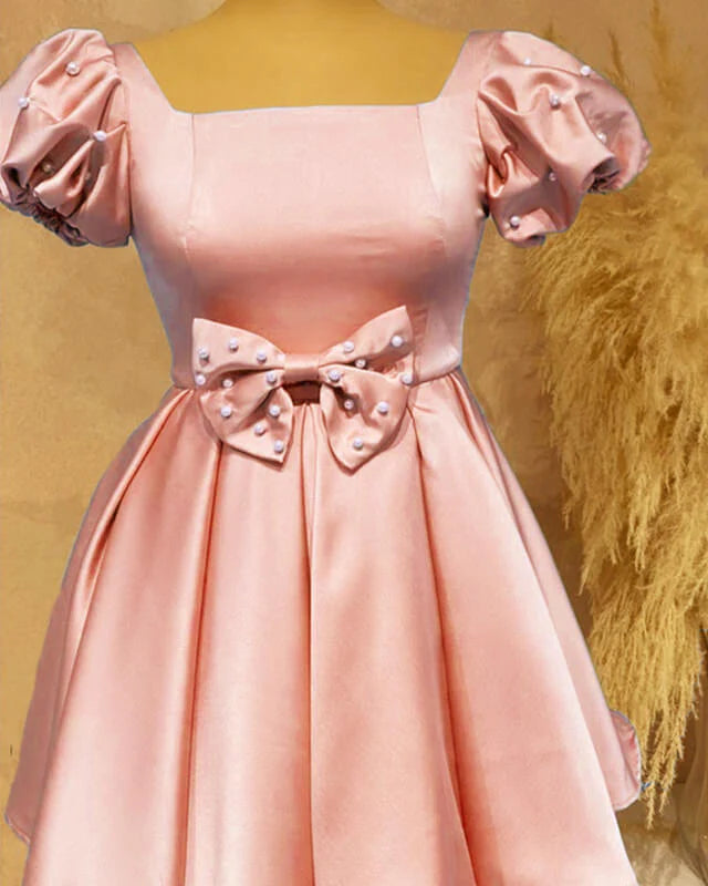 Short Pink Satin Homecoming Dress With Bow