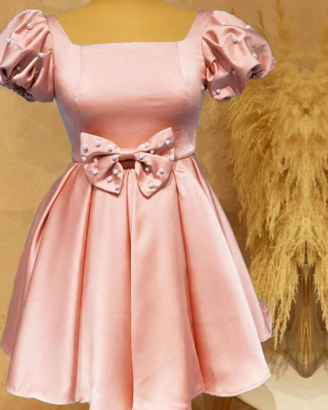 Short Pink Satin Homecoming Dress With Bow