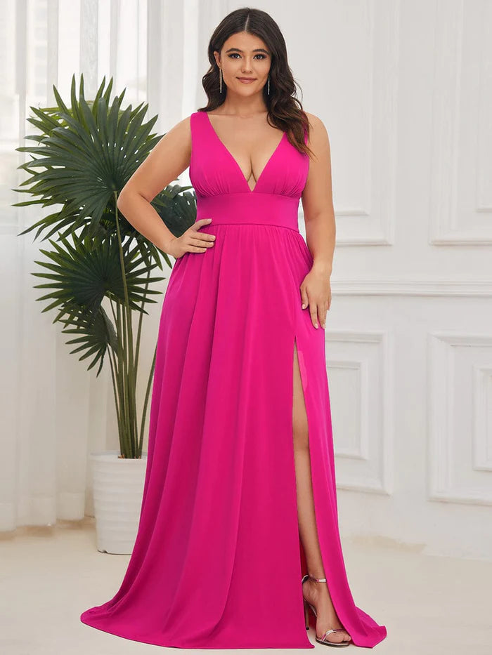Plus Size Sleeveless V-Neck Empire Waist High Slit Floor-Length Evening Dress