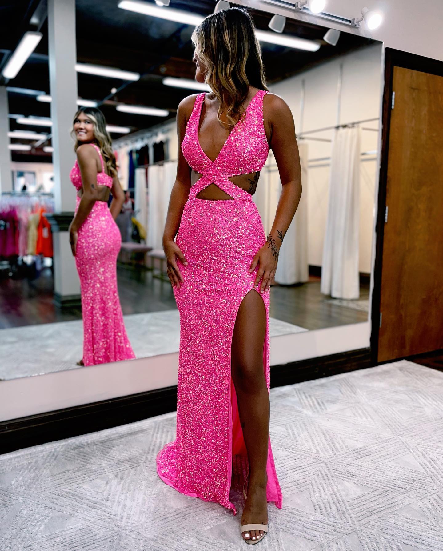 Hot Pink Sequin Prom Dress With Front Split