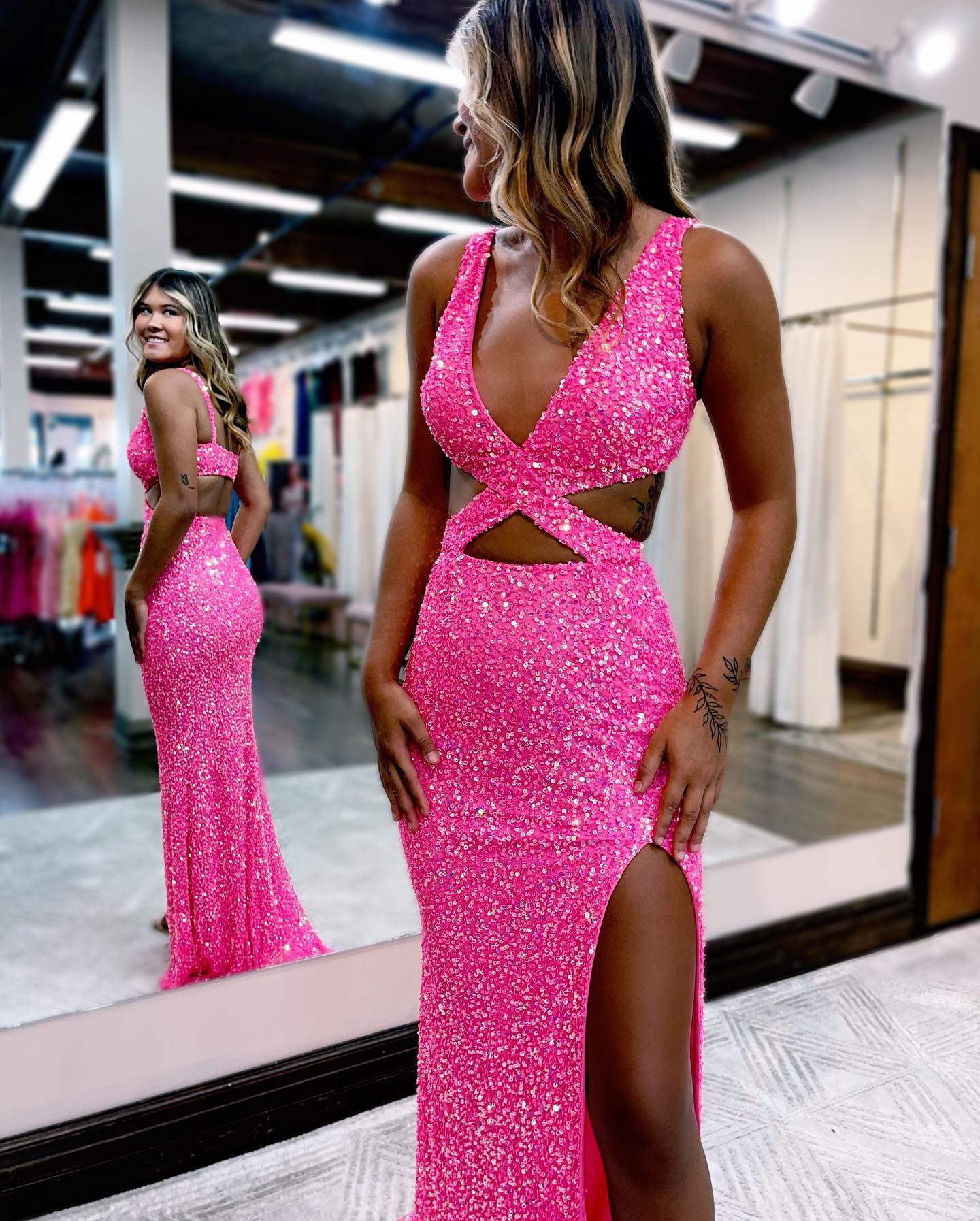 Hot Pink Sequin Prom Dress With Front Split