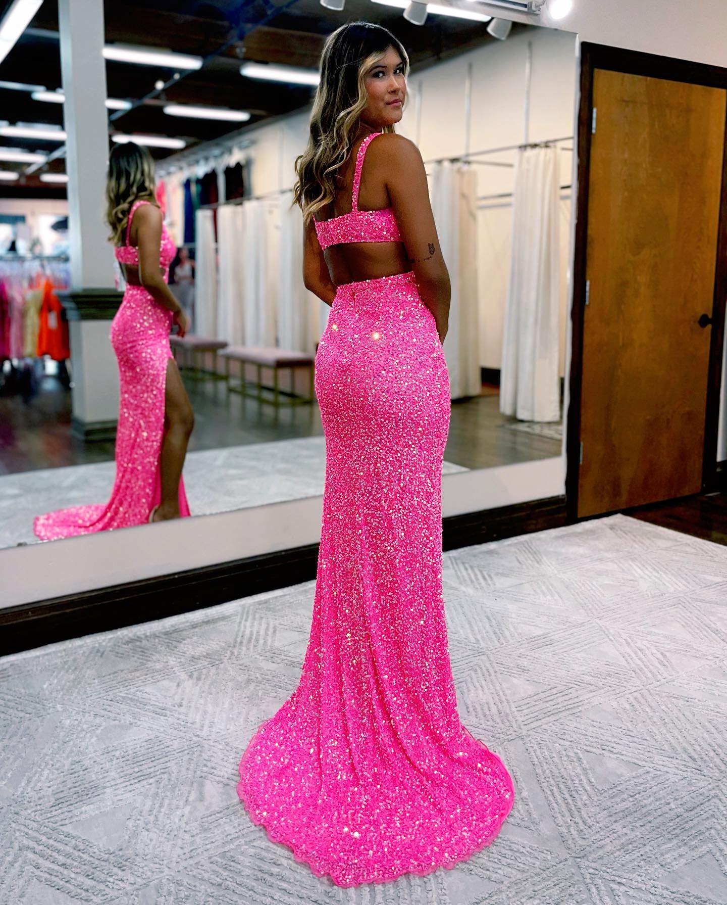Hot Pink Sequin Prom Dress With Front Split