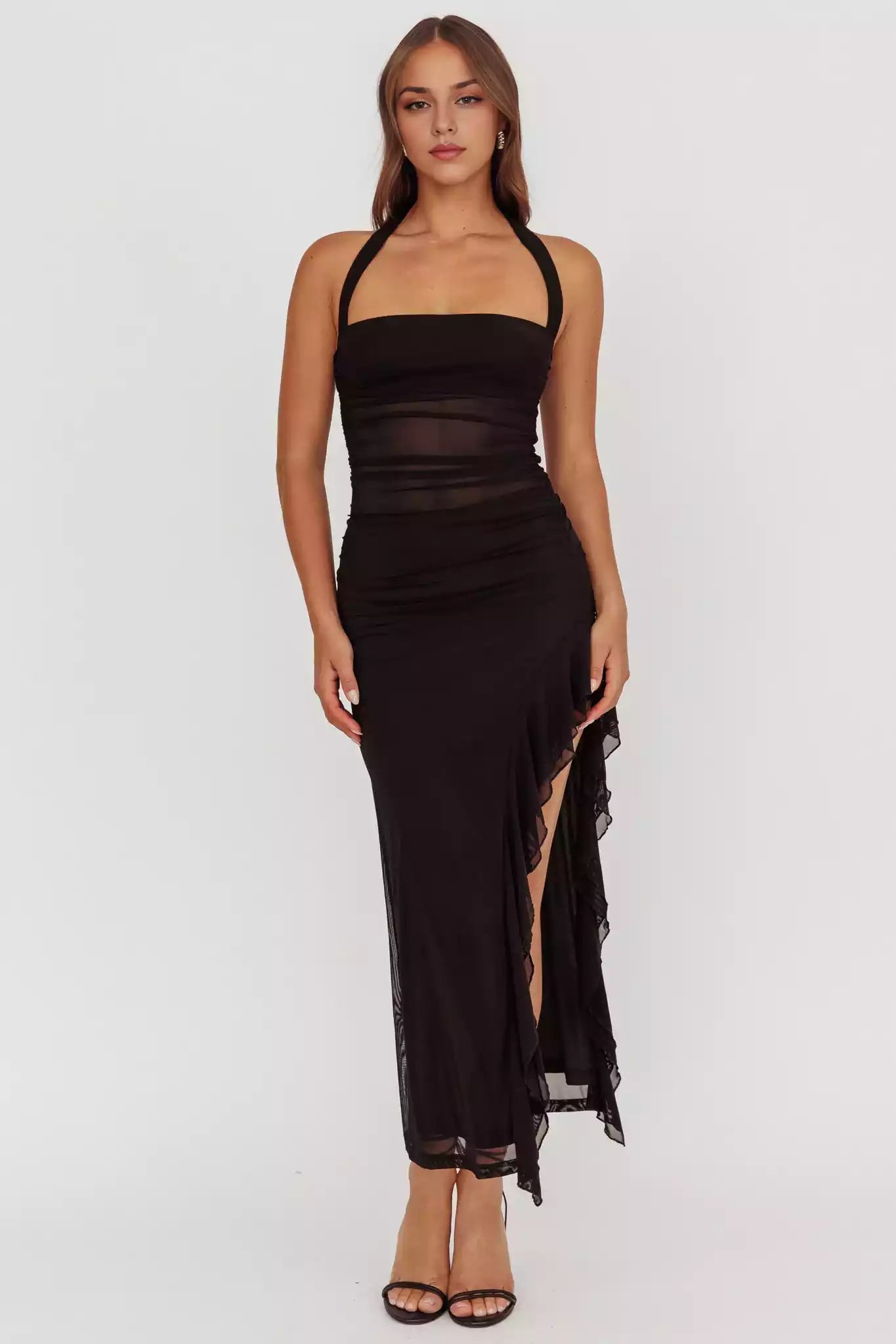 Hot mesh, extra long lining, backless ruffle edge, side slits, zipper on the side Prom Dresses