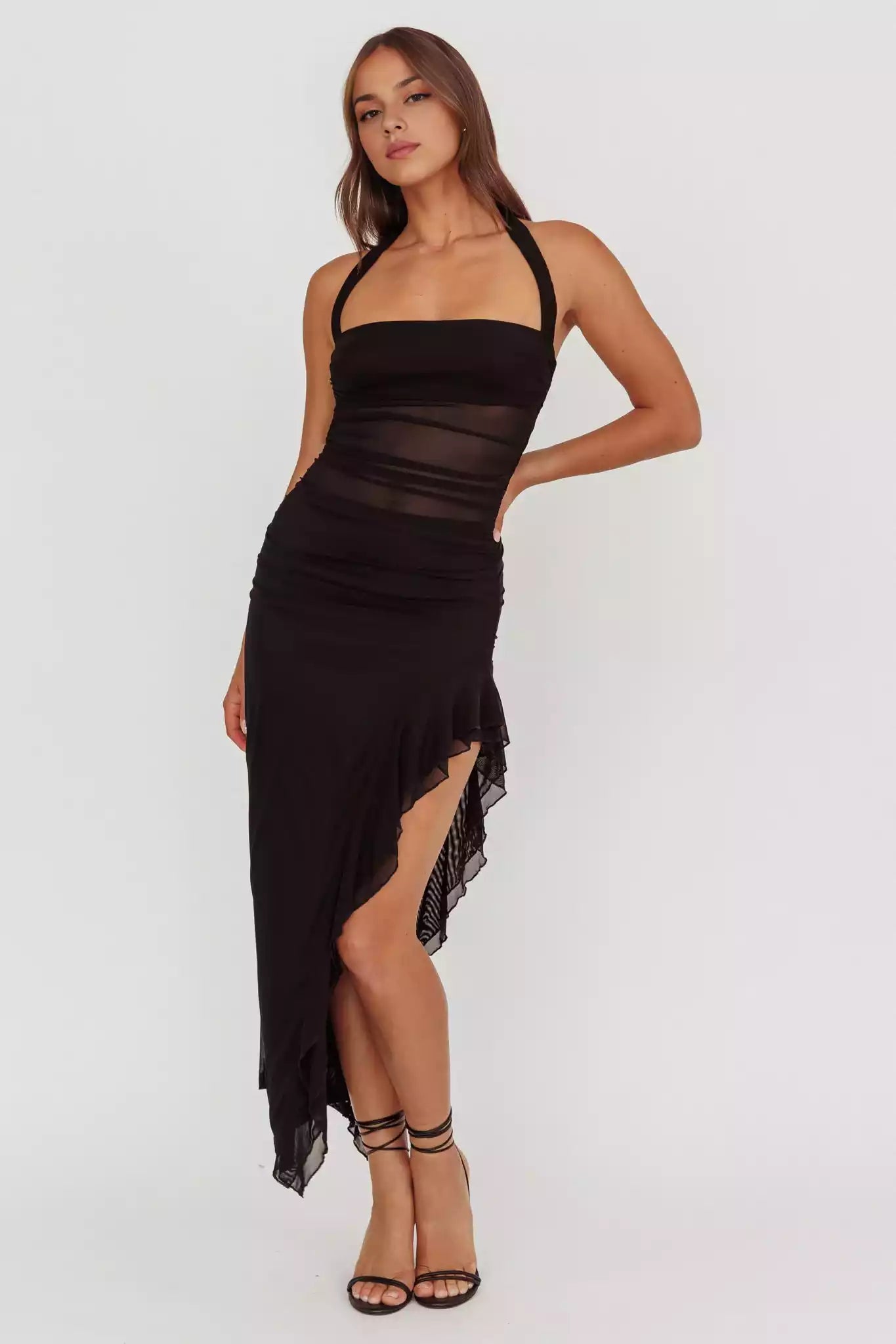 Hot mesh, extra long lining, backless ruffle edge, side slits, zipper on the side Prom Dresses