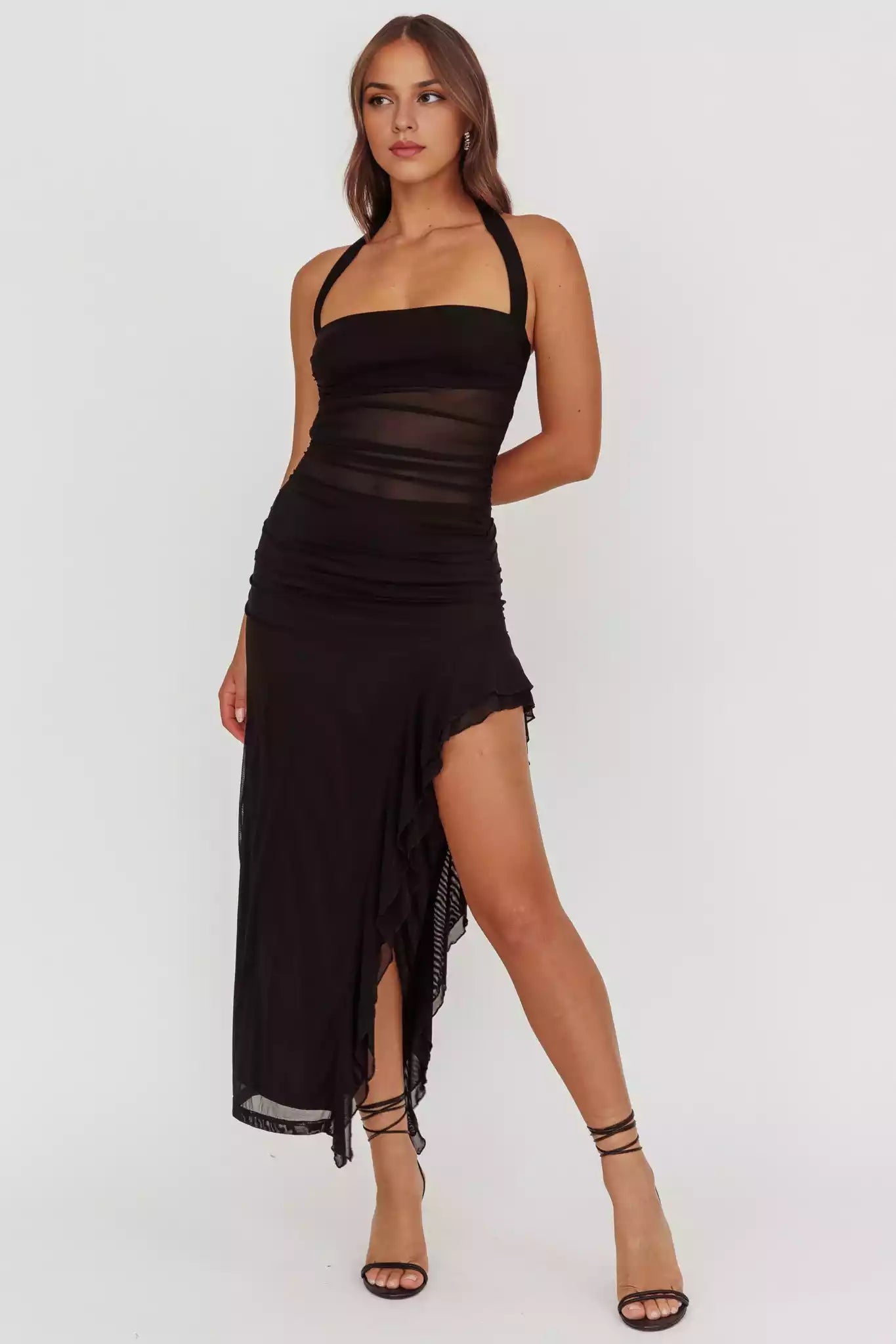 Hot mesh, extra long lining, backless ruffle edge, side slits, zipper on the side Prom Dresses