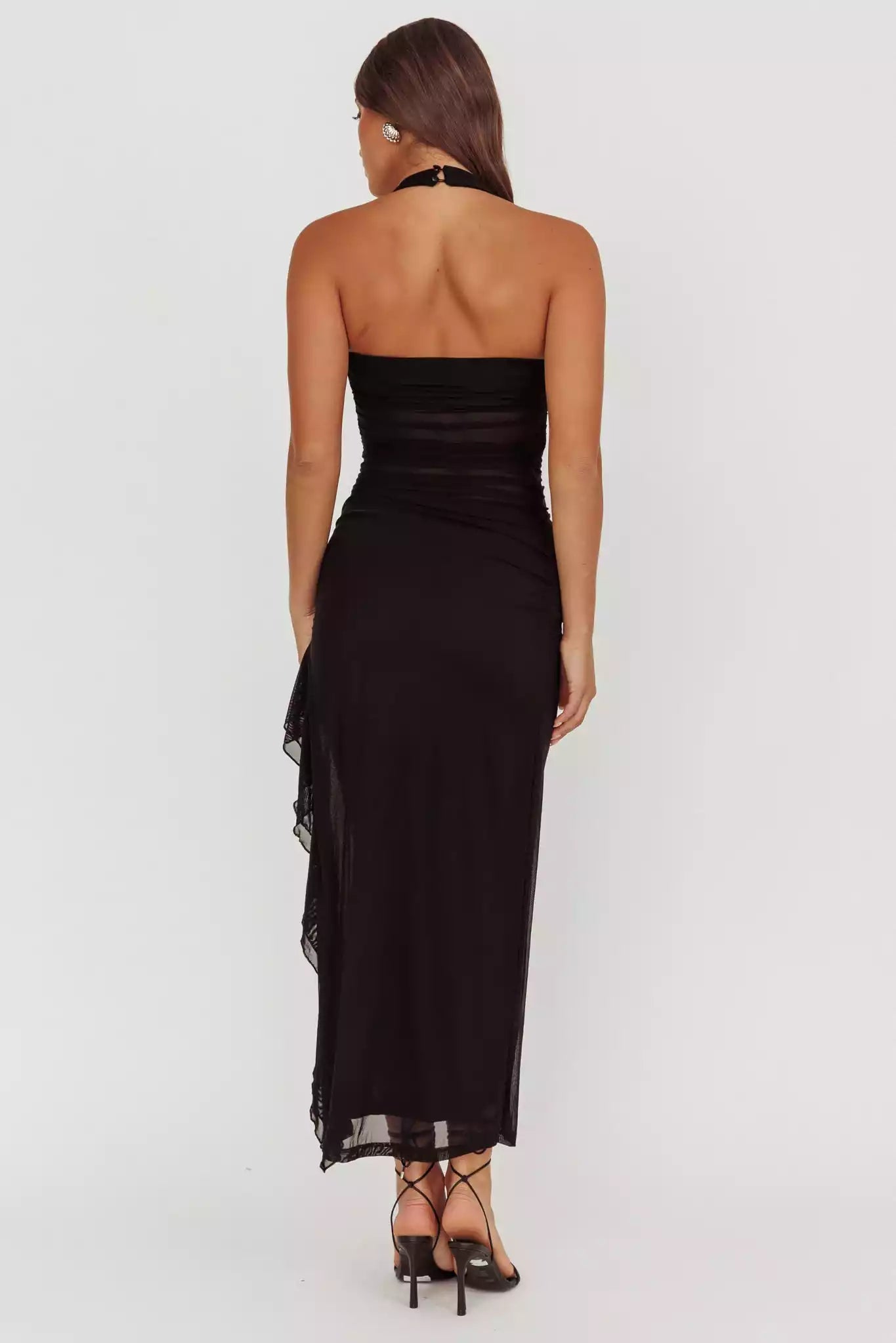 Hot mesh extra long lining with backless side slit, featuring ruffled edges and zippered sides Prom Dresses