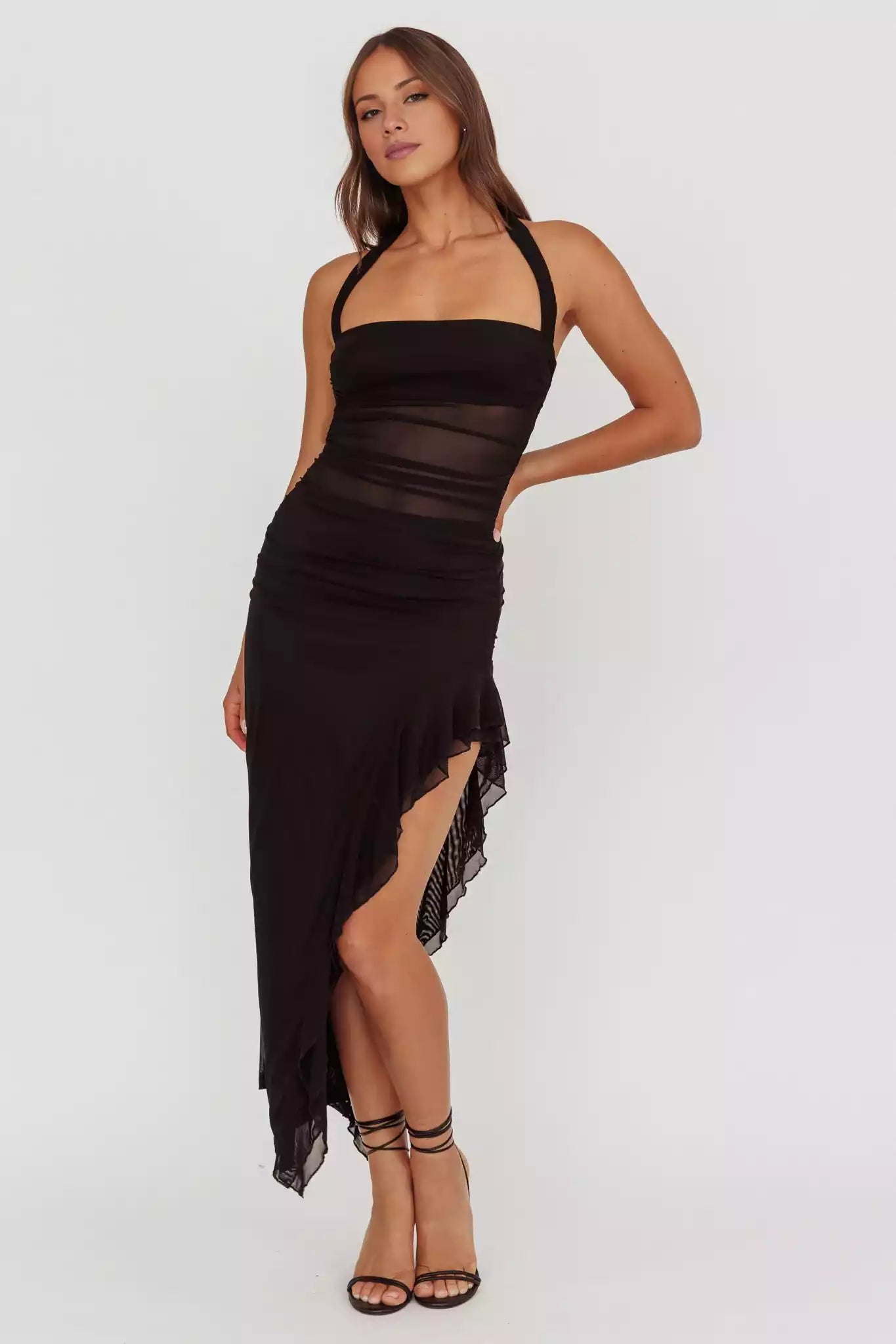 Hot mesh extra long lining with backless side slit, featuring ruffled edges and zippered sides Prom Dresses