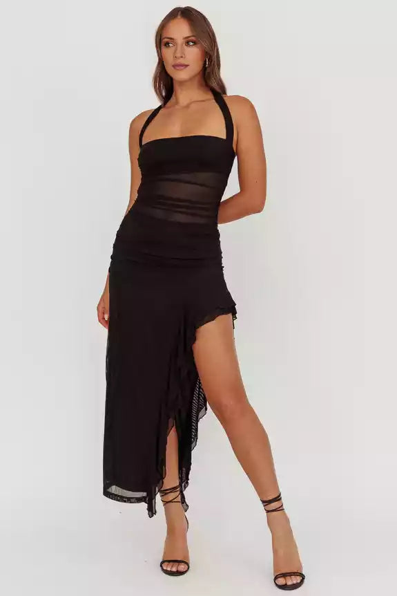 Hot mesh extra long lining with backless side slit, featuring ruffled edges and zippered sides Prom Dresses