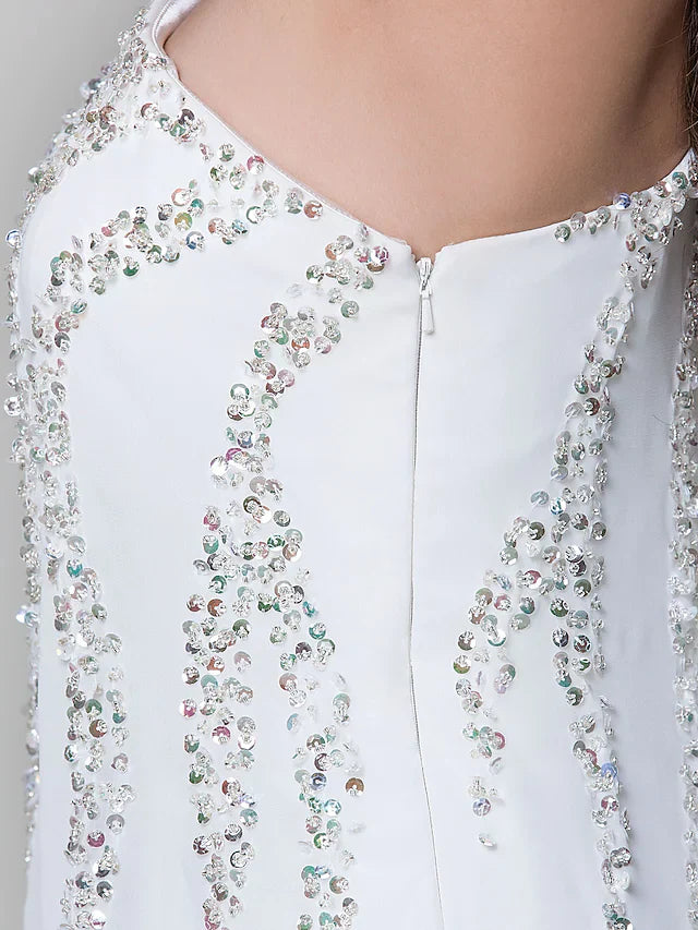 DingjiSparkle White Wedding Guest Cocktail Party Dress One Shoulder Sleeveless Knee Length Chiffon with Sequin