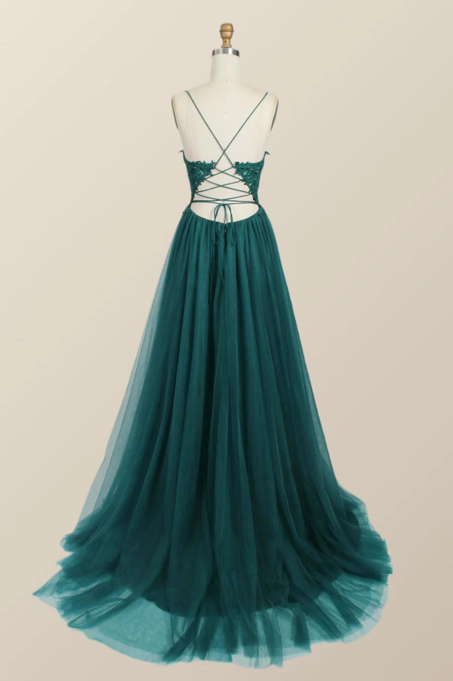 Straps Green Appliques Tulle Long Prom Dress