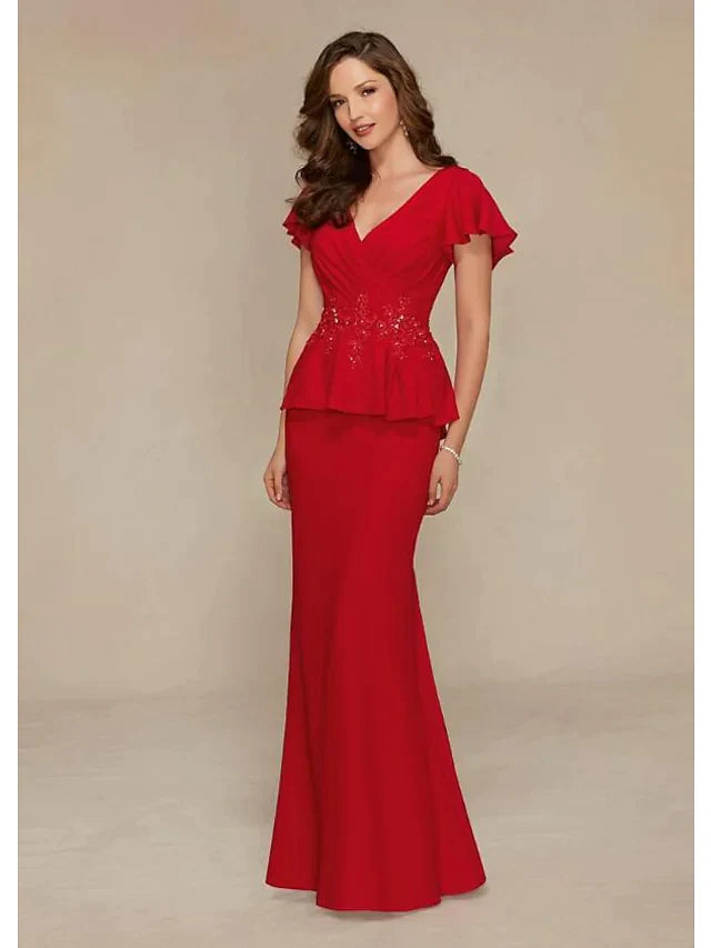 Mother of the Bride Dress Elegant & Luxurious Plunging Neck Jersey Short Sleeve with Beading Embroidery Ruching