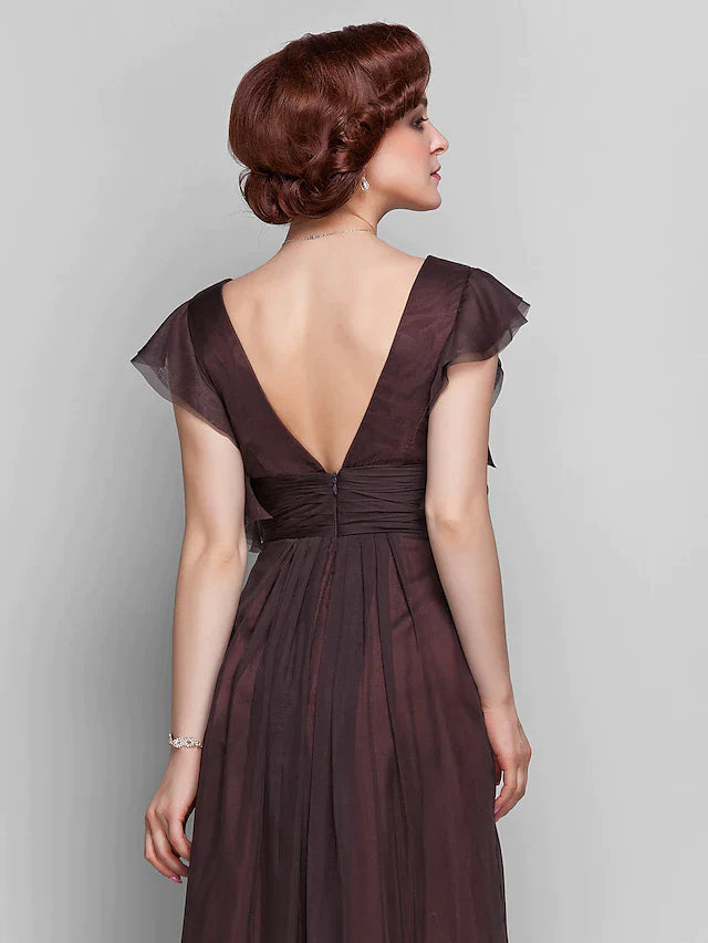 Mother of the Bride Dress Beautiful Back V Neck Floor Length Chiffon Short Sleeve with Criss Cross Ruched Draping