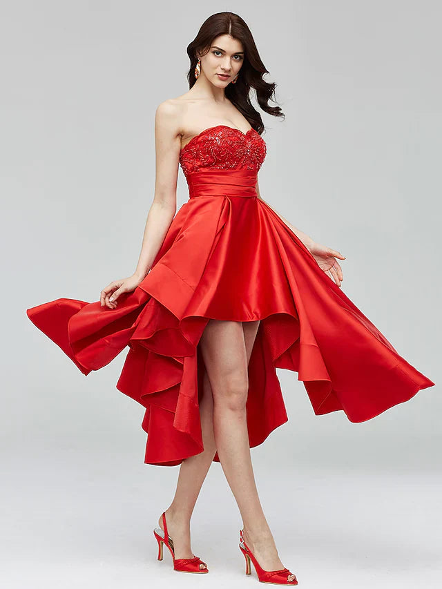 DingjiA-Line Fit & Flare Open Back Homecoming Cocktail Party Prom Dress Sweetheart Neckline Sleeveless Asymmetrical Satin with Beading Appliques
