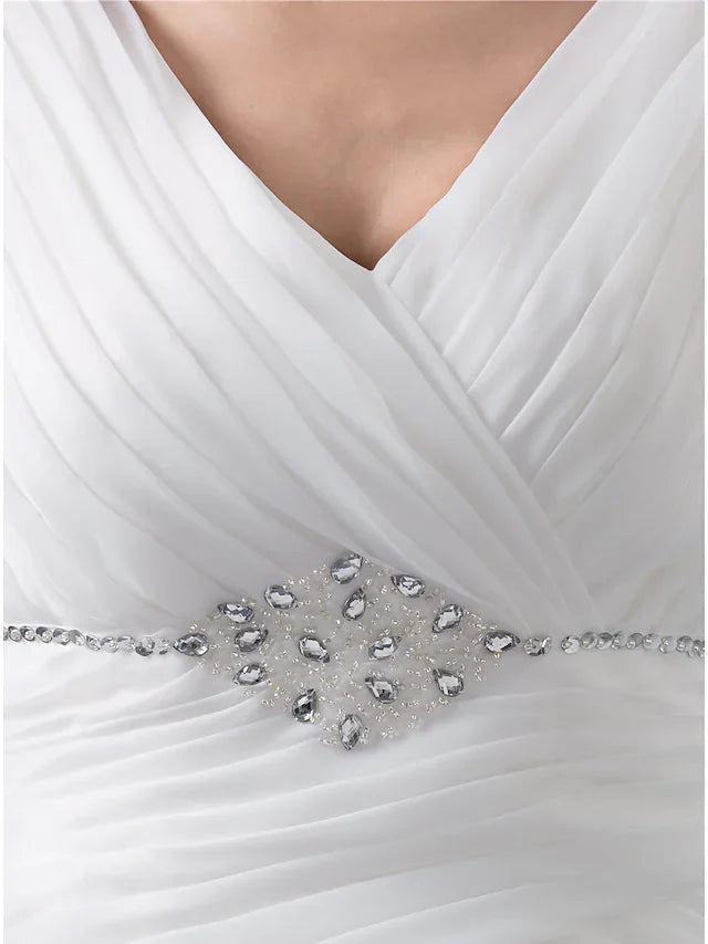 DingjiWedding Dresses V Neck Chapel Train Organza Regular Straps with Ruched Beading Cascading Ruffles