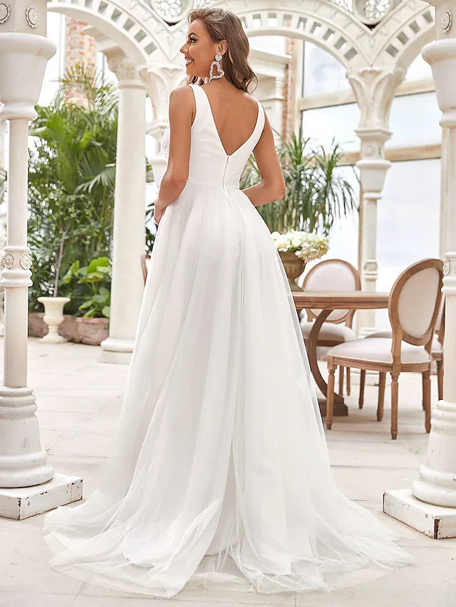 DingjiA-Line Wedding Dresses V Neck Chiffon Lace Tulle Sleeveless Romantic Casual with Lace Ruched Draping