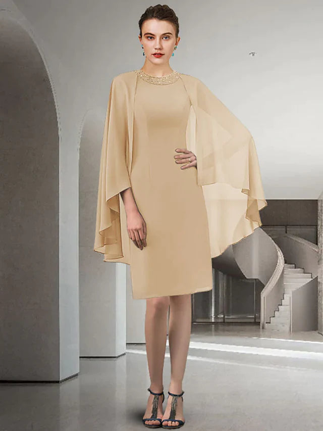 Mother of the Bride Dress Elegant Jewel Neck Knee Length Chiffon Long Sleeve with Beading Ruffles