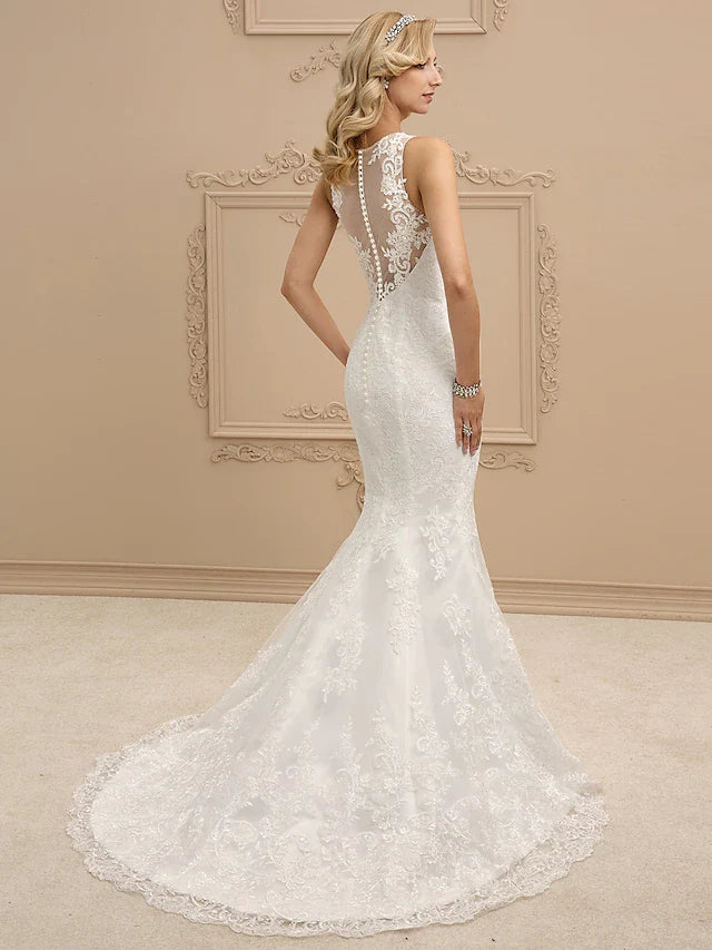 Dingji Wedding Dresses Bateau Neck All Over Lace Regular Straps Sexy Illusion Detail Backless with Beading Appliques